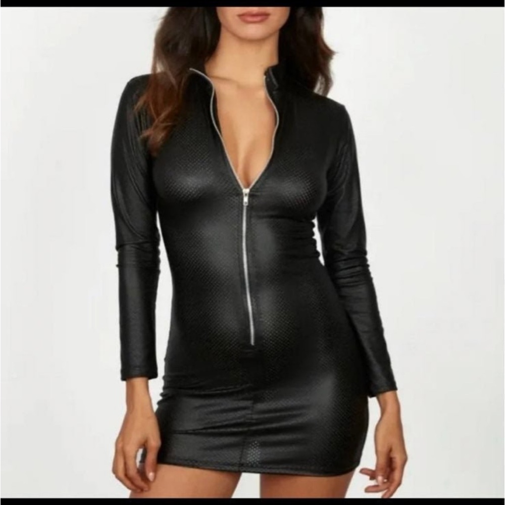 Frederick's of Hollywood Lexie Chemise Faux Leather Black Mini Dress